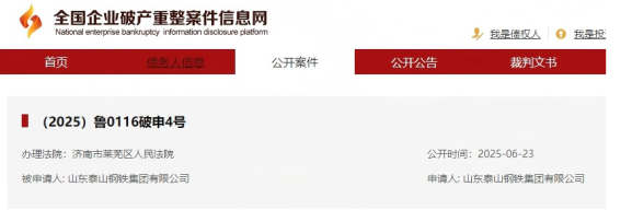 突發公告!山東泰山鋼鐵集團申請破產!(圖1) image.png
